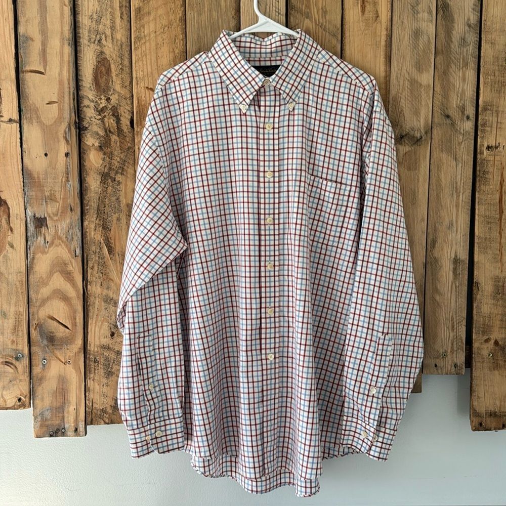 Brooks Brothers Woven in Italy Men’s Sz Large Blue Red Checkerd Plaid‎ Button Up
